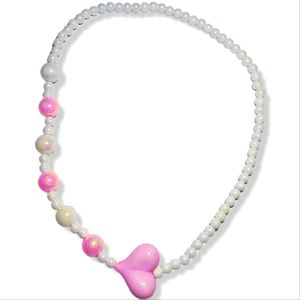 #X1 New White Pink Heart Faux Pearl Beaded Necklace